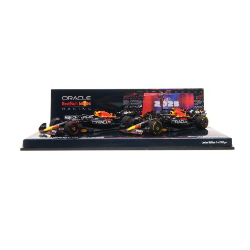 Minichamps CAR SET RED BULL RB19 MAX VERSTAPPEN WORLD CHAMPION QATAR SPRINT &amp; GP 2023 1/43