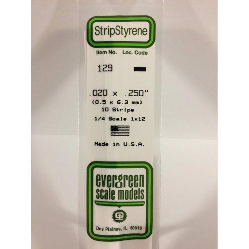 EVERGREEN 129 - .020" X .250" OPAQUE WHITE POLYSTYRENE STRIP