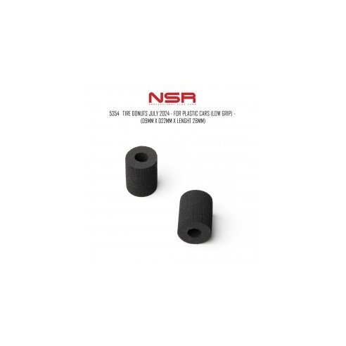 NSR TIRE DONUTS JULY 2024 - FOR PLASTIC CARS (LOW GRIP) - (D9MM X D22MM X LENGHT 28MM)